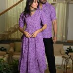 Couple Matching Purple Cotton Anarkali Midi Dress and Shirt Set ? Geometric Wave Print