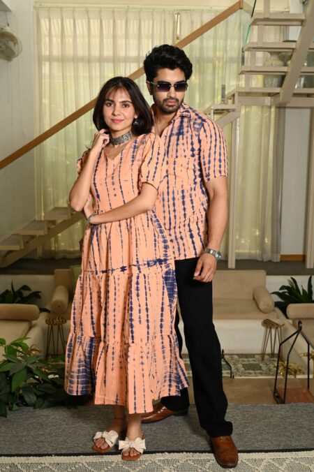 Couple Matching Peach Printed Cotton Anarkali Midi Dress & Shirt Set ? Summer Casual Wear
