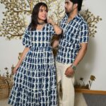 Couple Matching White And Blue Printed Cotton Anarkali Midi Dress & Shirt Set ? Summer Casual Wear