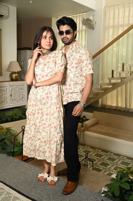 Couple Matching Cream floral Cotton Printed Anarkali Midi Dress & Shirt Set ? Casual & Festive Wear