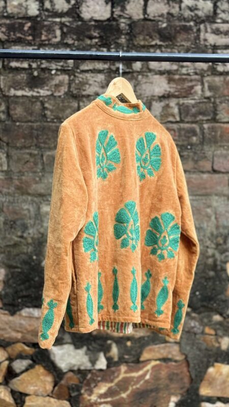 Womens Rust Velvet Embroidered Jacket with Floral Design