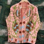 Womens Light Pink Velvet Embroidered Jacket with Floral Design